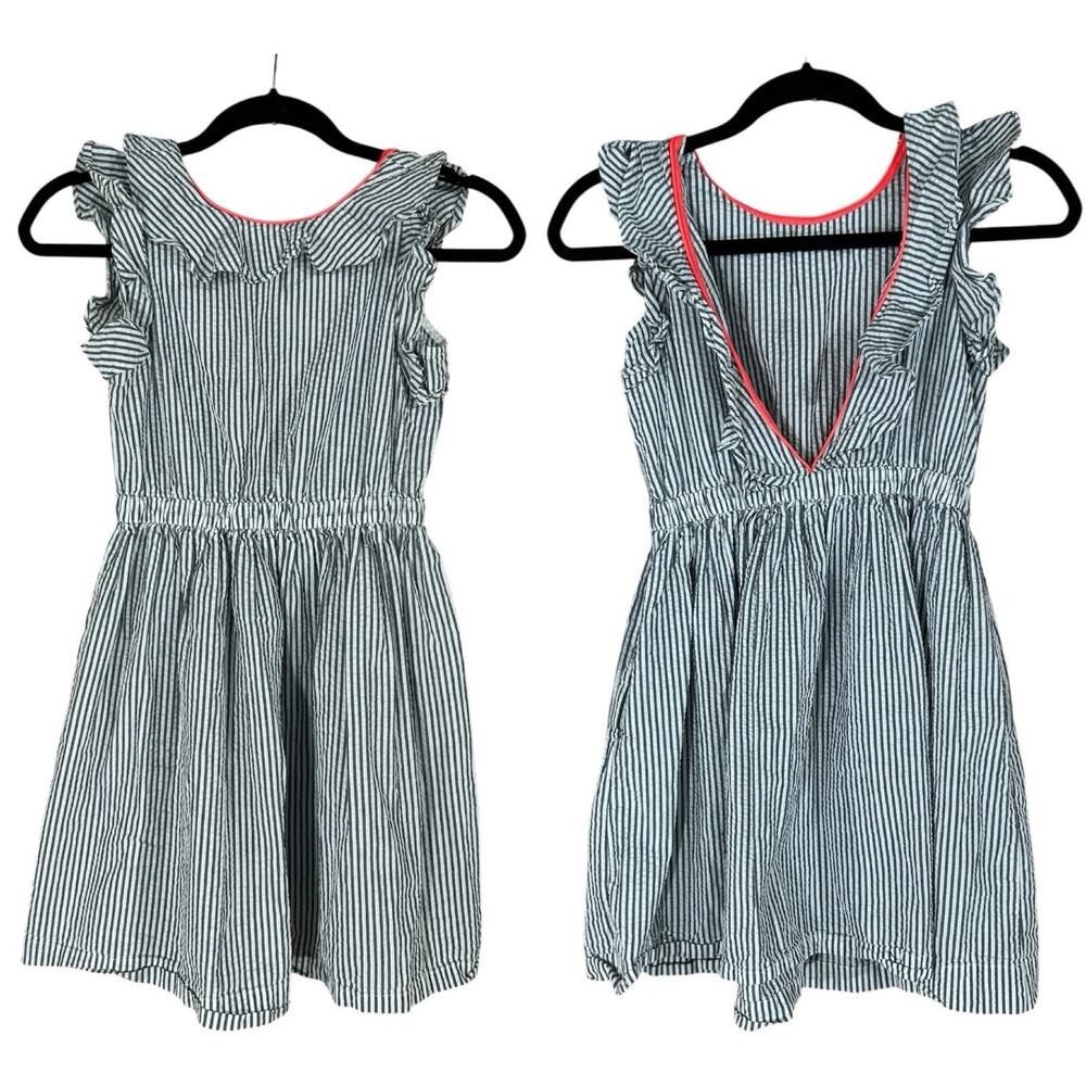 Crewcuts By J. Crew Girls Blue Seersucker Dress Low Back Neon Pink Trim Size 10